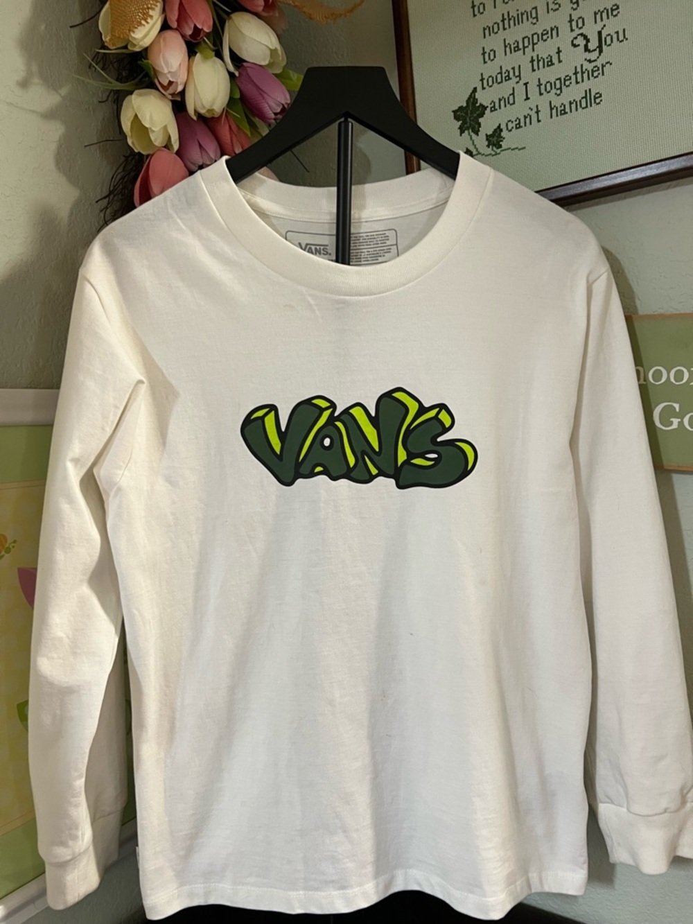 NWOT Vans White Long-Sleeve Tee with Green Graffiti Logo #269